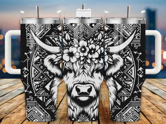 Aztec Highland Cow 40oz Tumbler Wrap: Graphics for Crafts