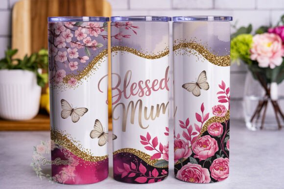 Blessed Mum Floral Glitter 20oz Tumbler