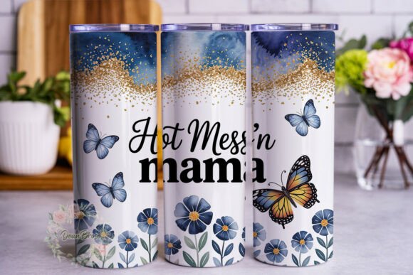 Blue Gold Butterfly Floral Graphics for Tumbler Wraps