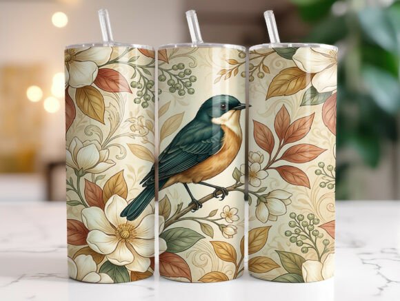 Vintage Bluebird Floral Garden Tumbler Graphics for Tumbler Wraps