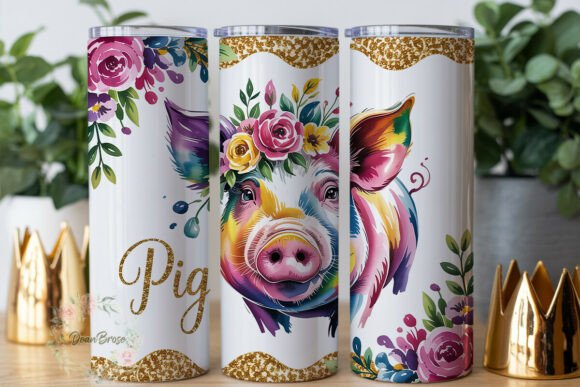 Watercolor Pig Floral 20oz Tumbler Wrap Graphics