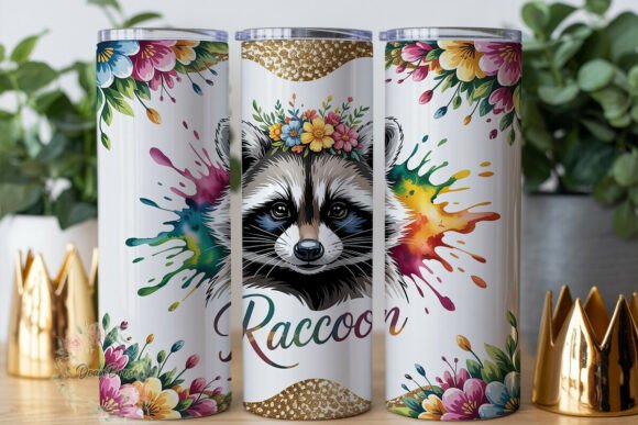 Watercolor Raccoon Floral Skinny Tumbler Graphics